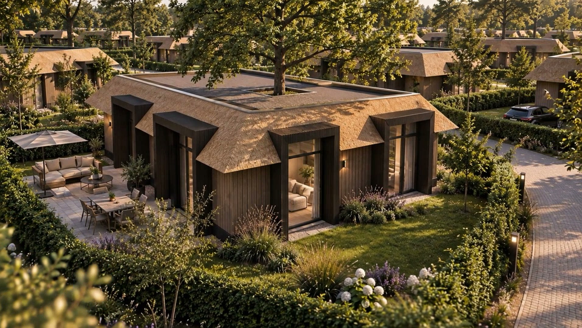 Kroonhoeve in Fase Kroonbos met een eik die door het dak groeit