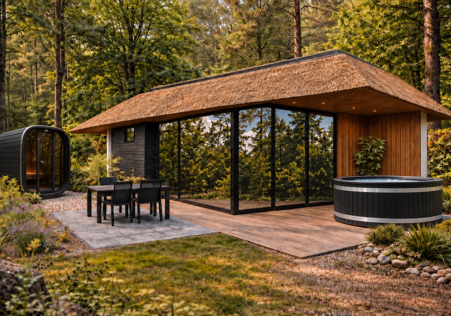 Vakantiewoning type Veluwezoom met rieten dak, spiegelglas en hottub, artist impression